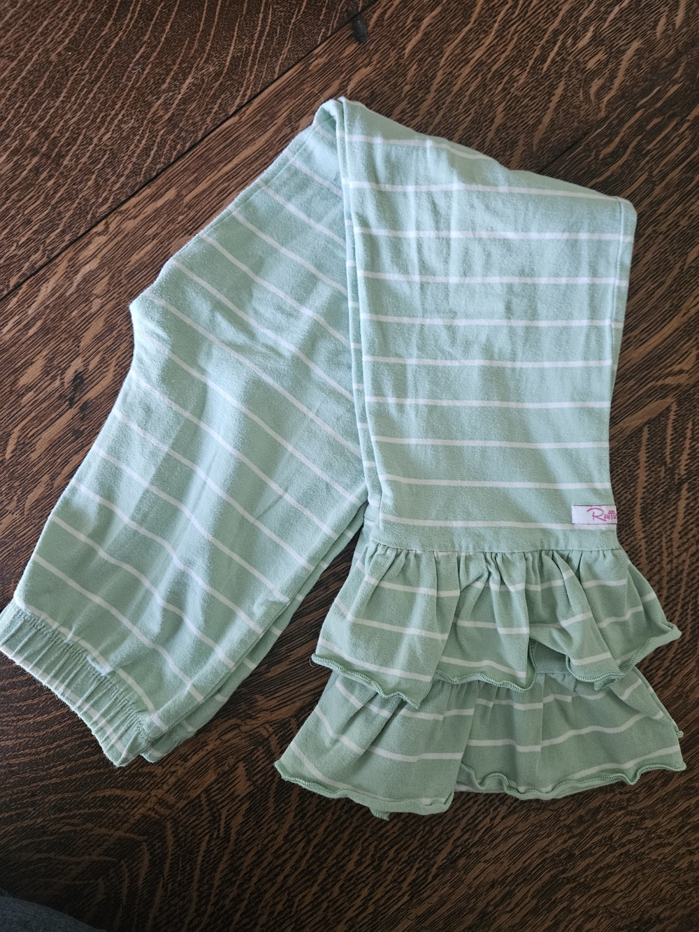 RuffleButts Girls Mint Green Striped Double Ruffle Pants